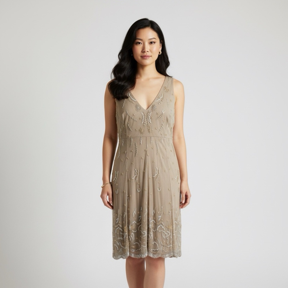 Vtg 90s STENAY Slip Dress L Mesh Taupe Beaded Fairycorre Midi Evening Gown